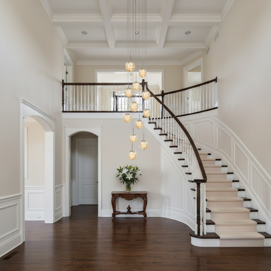 Riviko Celestial Orb Glass Globe Chandelier - elegant American entryway with arched doorway