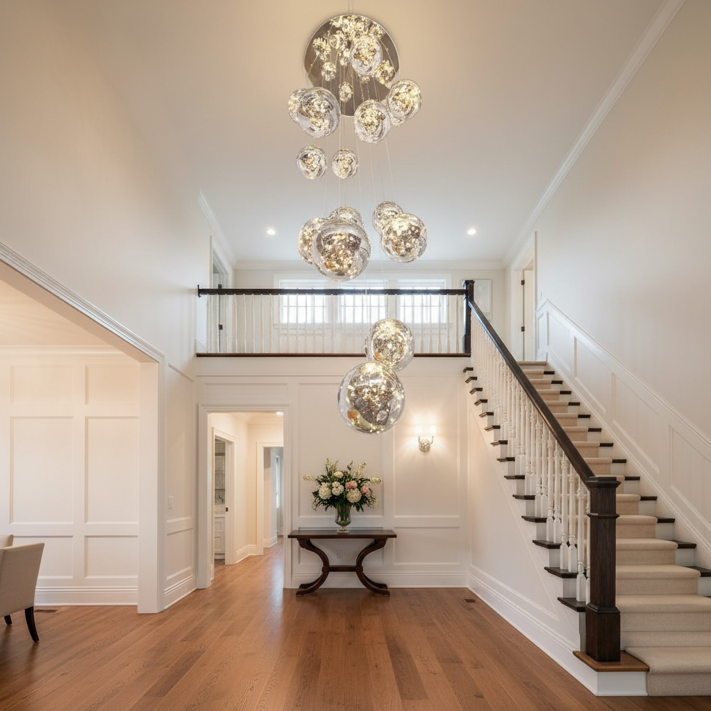 Riviko Celestial Orb Glass Globe Chandelier - elegant American entryway with arched doorway