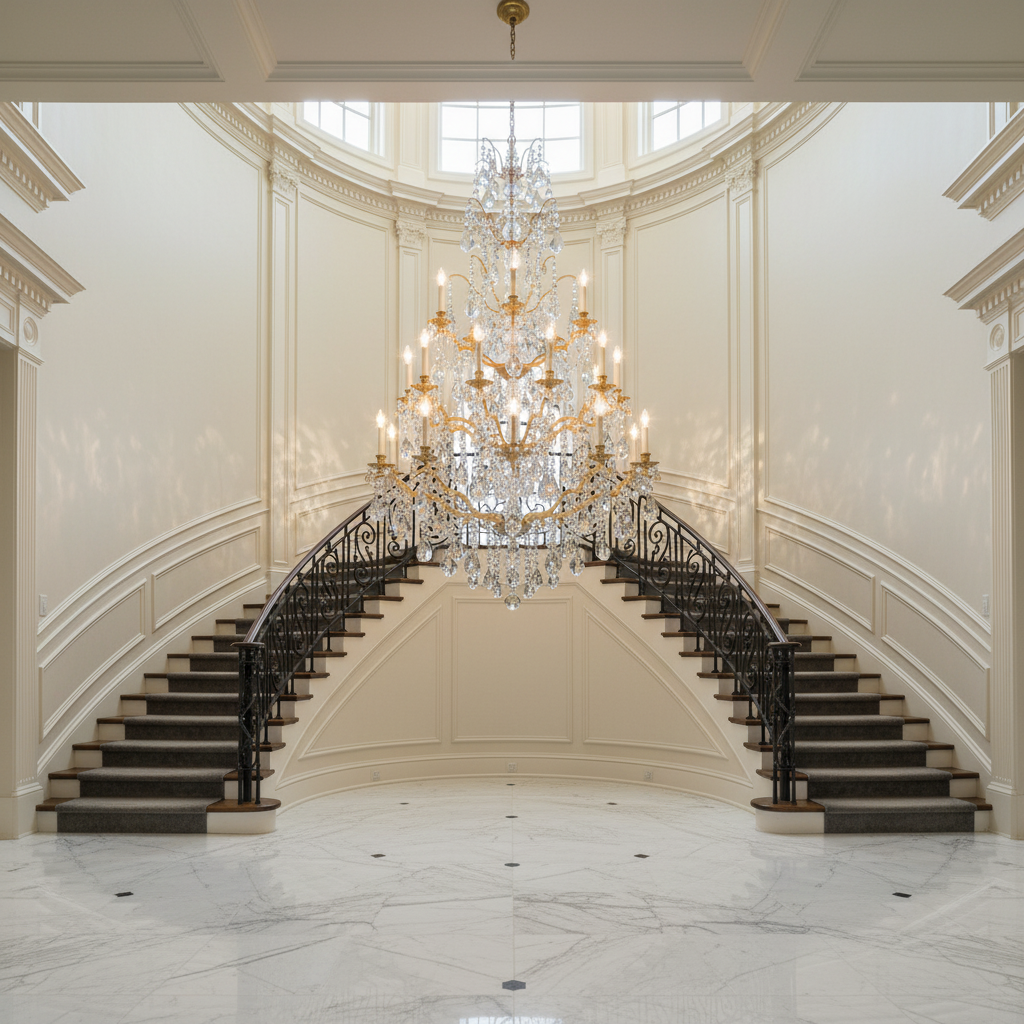 Riviko Regal Grandeur Crystal Chandelier - dramatic American stairwell with soaring ceiling