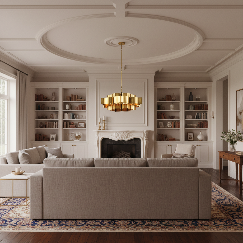 Riviko Gilded Leaflet Small Chandelier - luxurious American living room with tray ceiling