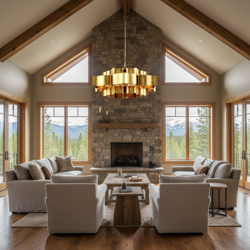 Riviko Gilded Leaflet Small Chandelier - American transitional great room with cathedral ceiling