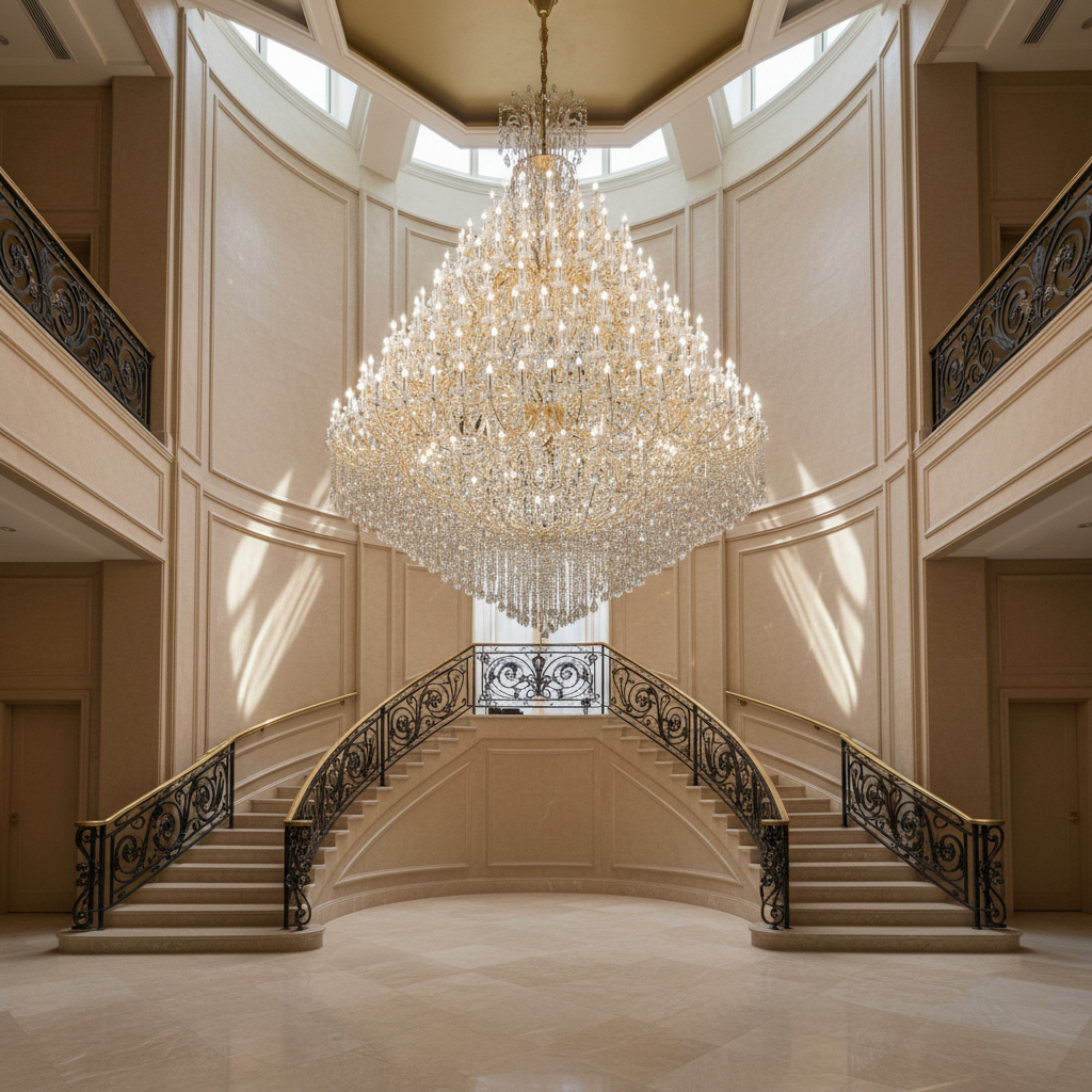 Riviko Grand Tiered Radiance Crystal Chandelier - dramatic American stairwell with soaring ceiling