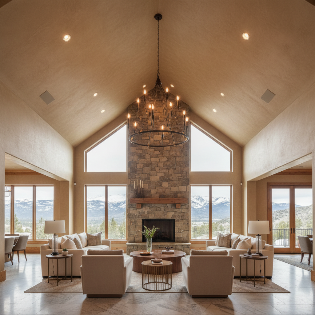Riviko Grand Homestead Two-Tier Chandelier - luxury American great room with cathedral ceiling