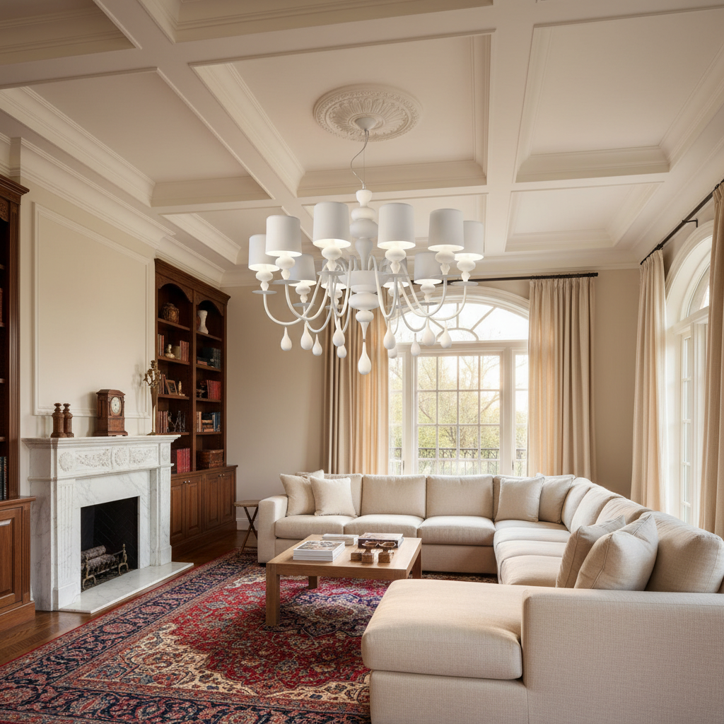 Riviko Aura Grandeur Modern Chandelier - luxurious American living room with tray ceiling