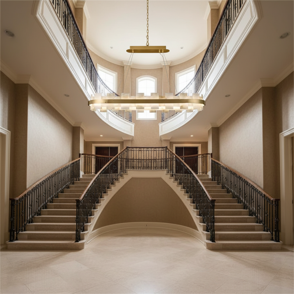 Riviko Alabaster Aura Round & Oval Chandelier - dramatic American stairwell with soaring ceiling