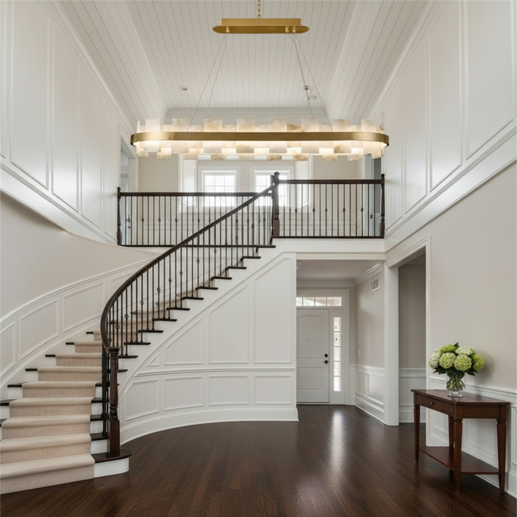 Riviko Alabaster Aura Round & Oval Chandelier - elegant American entryway with arched doorway