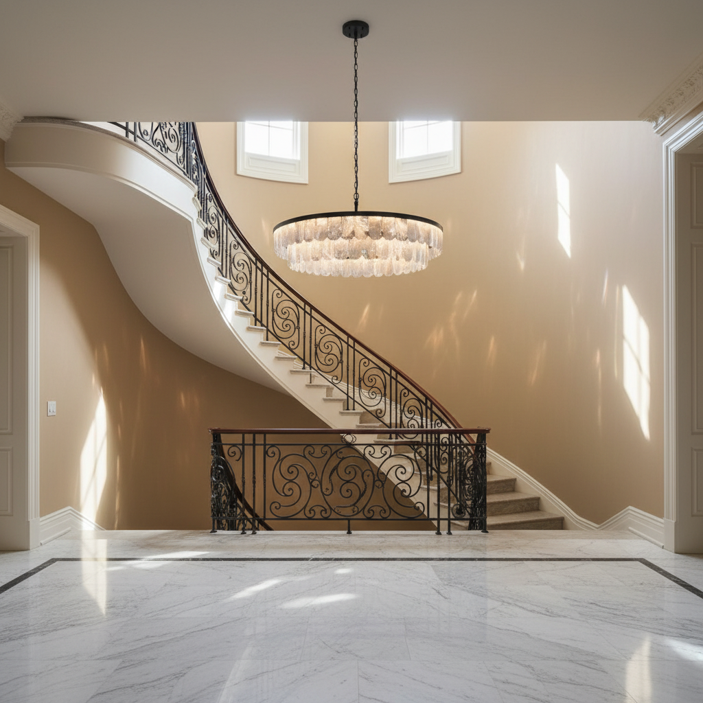 Riviko Grandeur Double Rock Crystal Chandelier - dramatic American stairwell with soaring ceiling