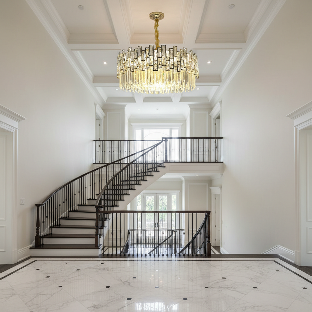 Riviko Radiant Cascade Round Chandelier - dramatic American stairwell with soaring ceiling