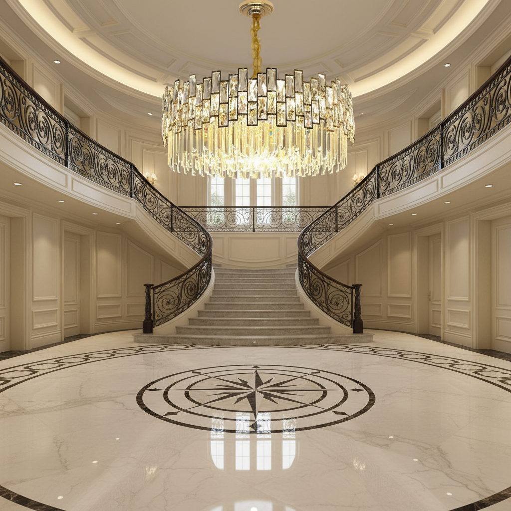 Riviko Radiant Cascade Round Chandelier - grand American foyer with two-story ceiling