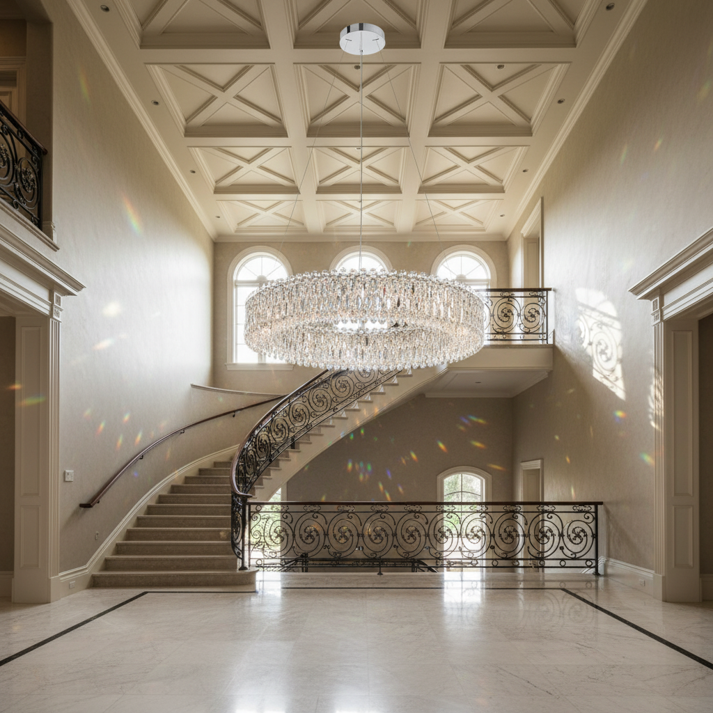 Riviko Radiant Bloom 18-Light Chandelier - dramatic American stairwell with soaring ceiling