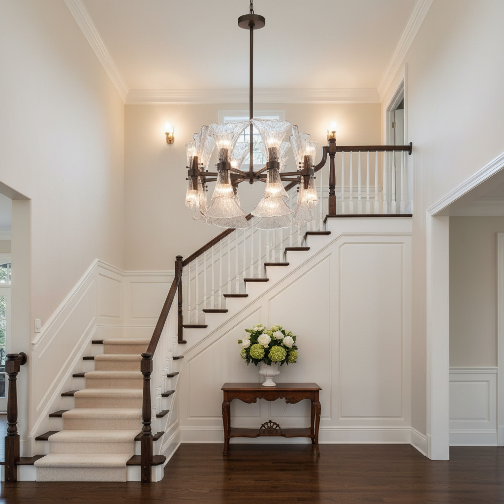 Riviko Ginkgo Bloom 16-Light Chandelier - elegant American entryway with arched doorway