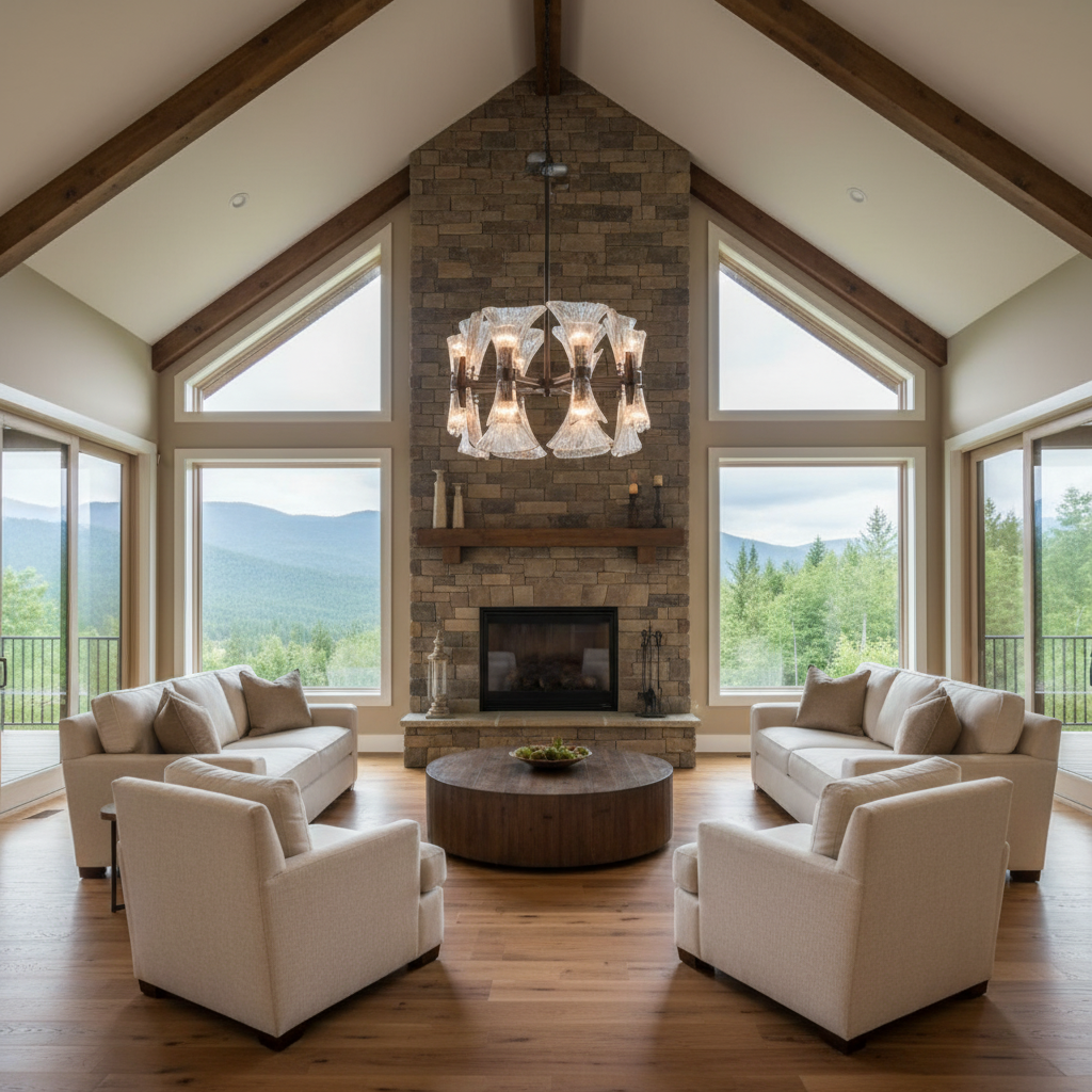 Riviko Ginkgo Bloom 16-Light Chandelier - American transitional great room with cathedral ceiling