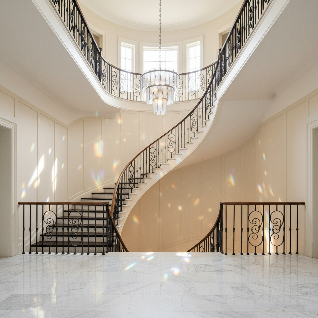 Riviko Radiant Refraction Textured Glass Chandelier - dramatic American stairwell with soaring ceiling