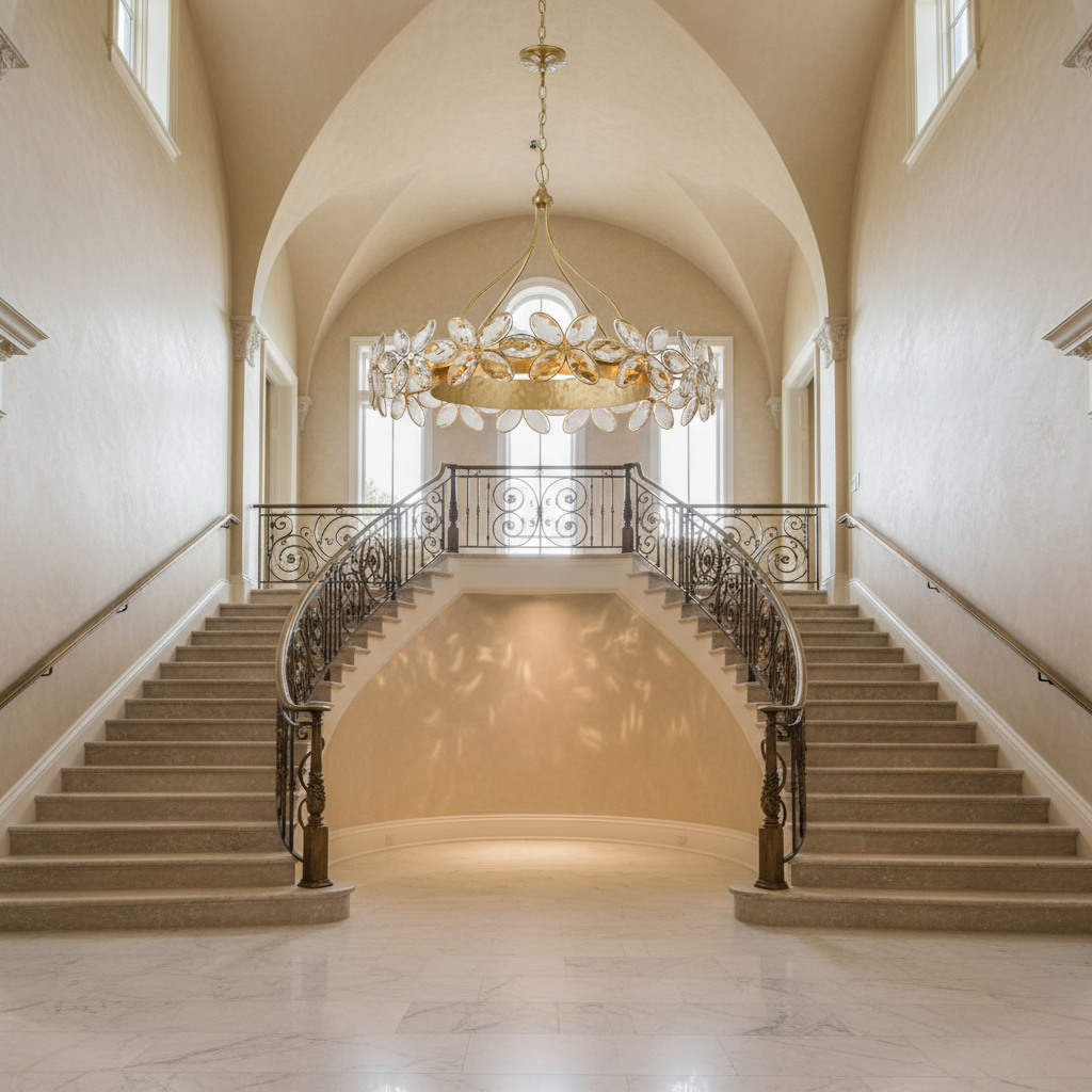Riviko Veridian Bloom 14-Light Chandelier - dramatic American stairwell with soaring ceiling