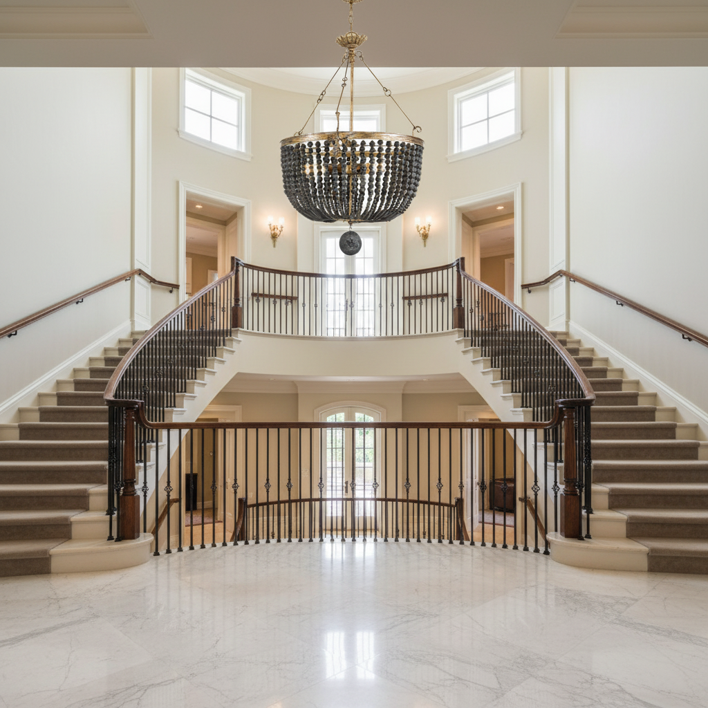 Riviko Ebony Strand Wood Bead Chandelier - dramatic American stairwell with soaring ceiling