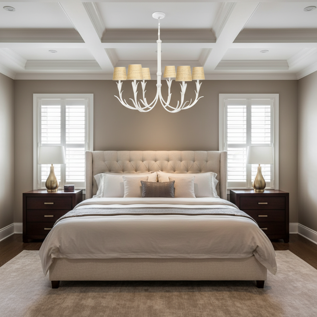Riviko Veridian Bloom 6-Light Chandelier - American master bedroom with coffered ceiling