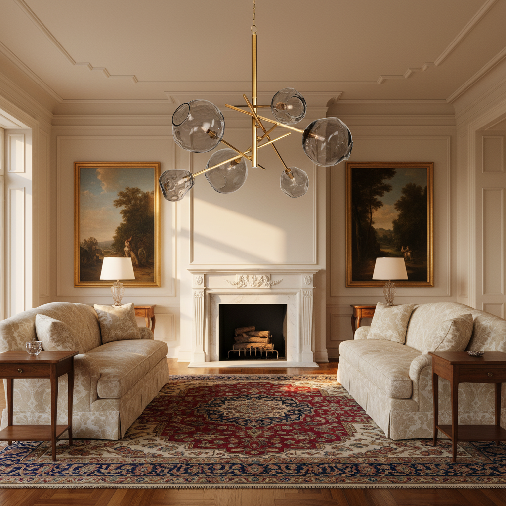 Riviko Molten Smoked Glass Chandelier - American formal living room with 12-foot ceilings