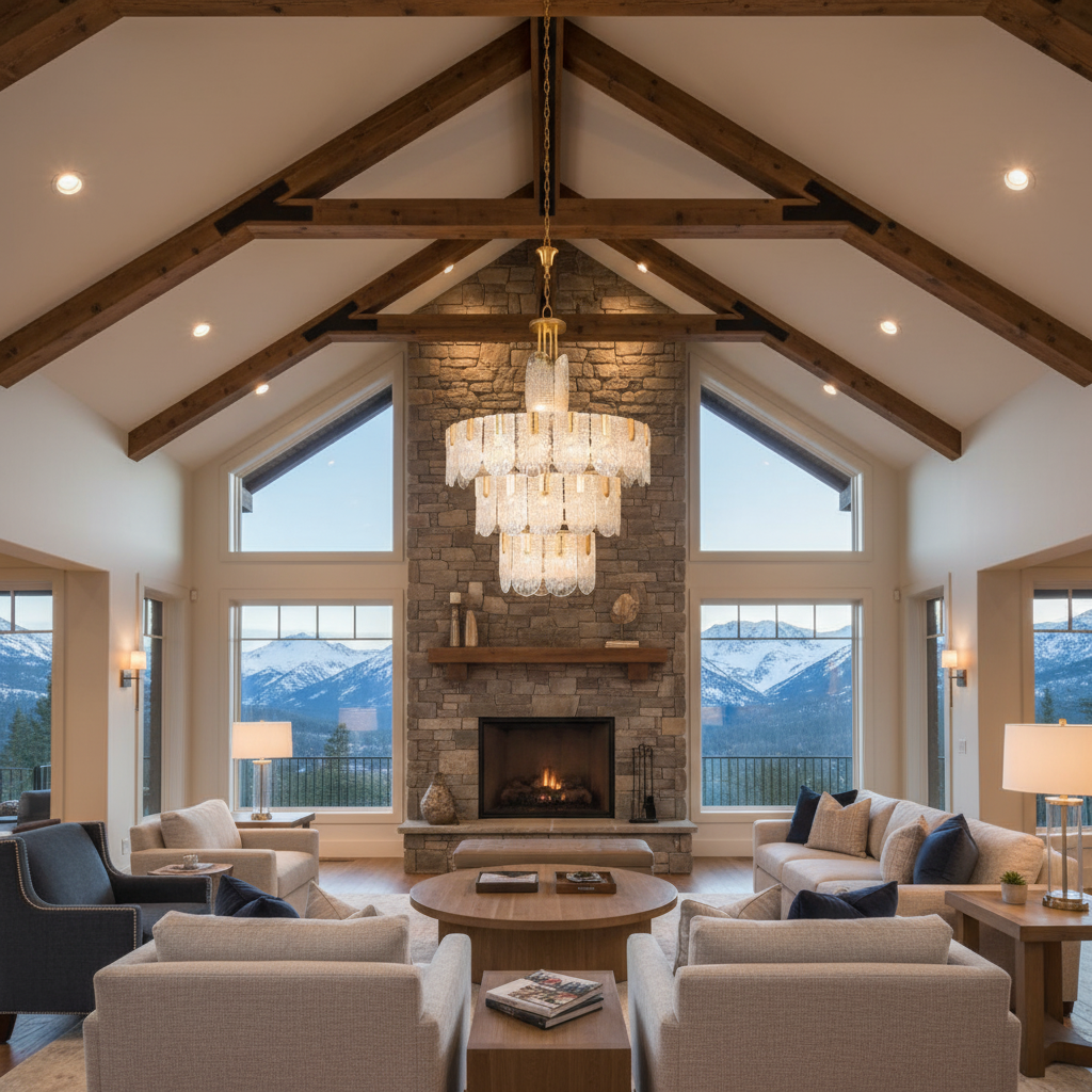 Riviko Grand Mariner Tiered Chandelier - luxury American great room with cathedral ceiling