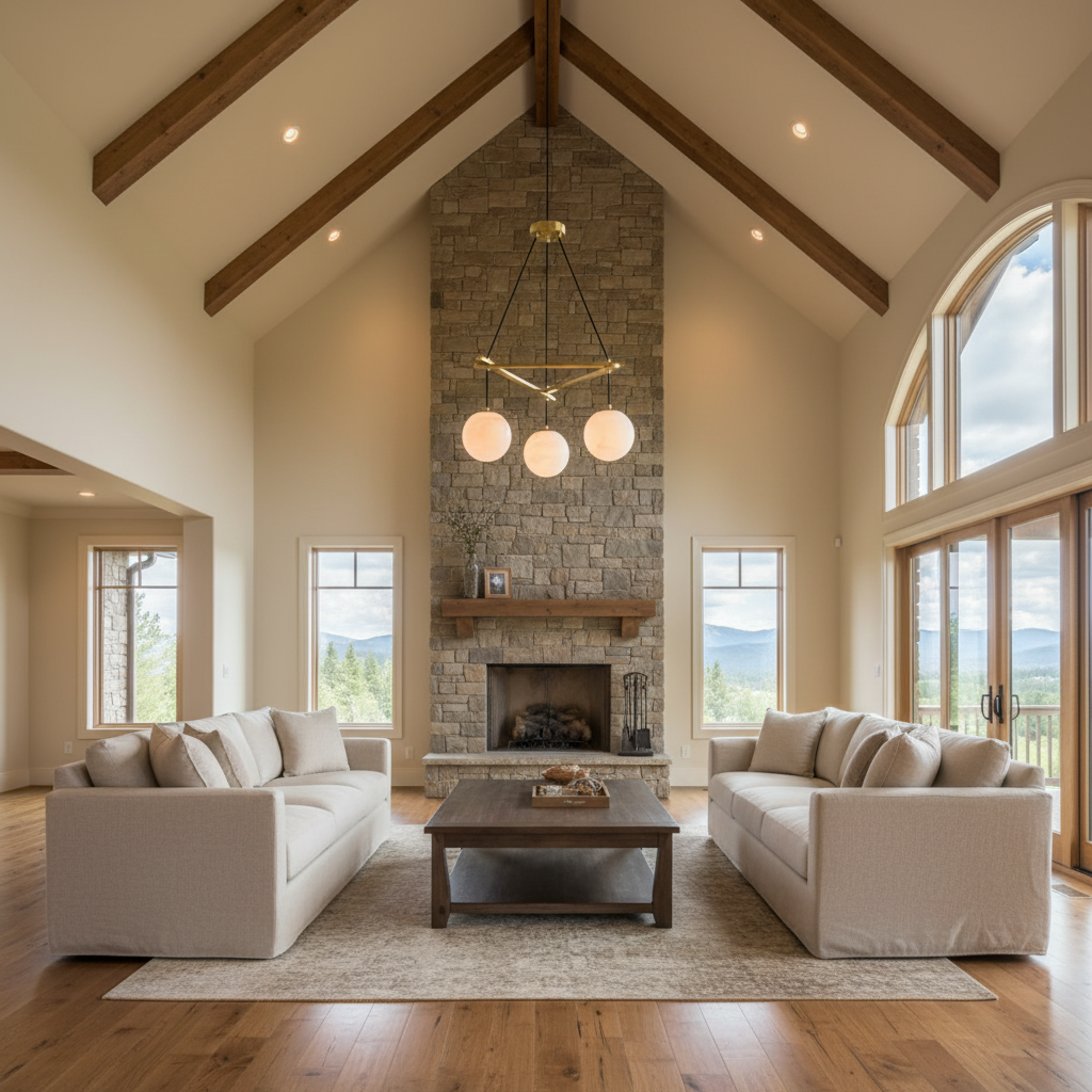 Riviko Veridian Sphere Alabaster Chandelier - American transitional great room with cathedral ceiling