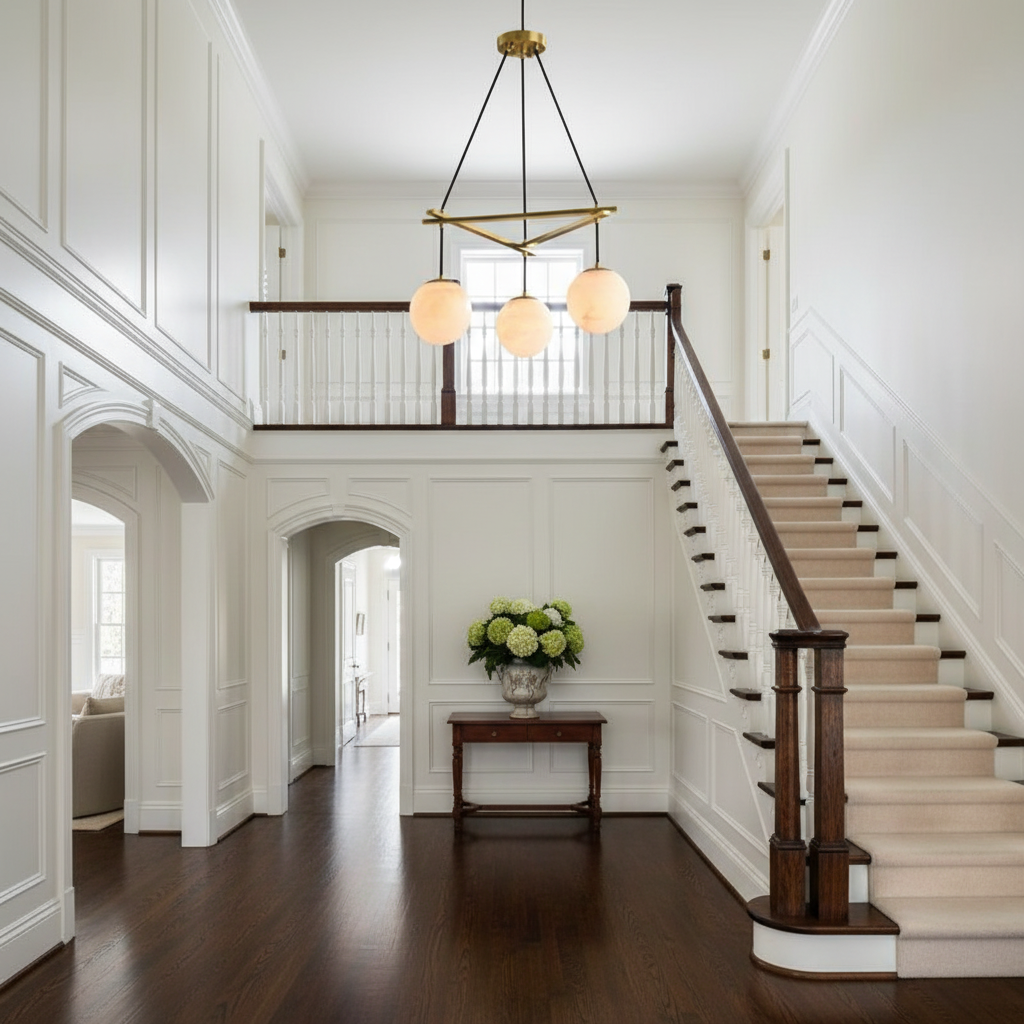 Riviko Veridian Sphere Alabaster Chandelier - elegant American entryway with arched doorway