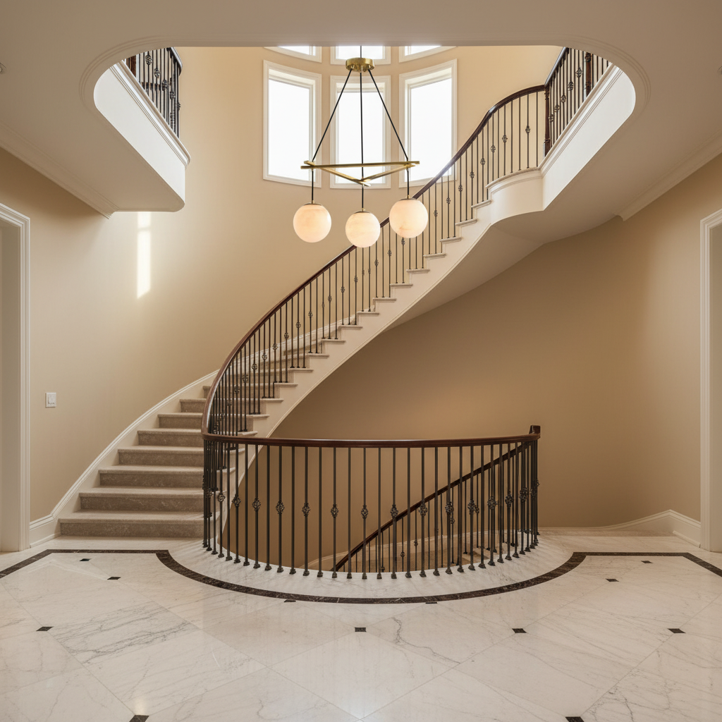 Riviko Veridian Sphere Alabaster Chandelier - dramatic American stairwell with soaring ceiling