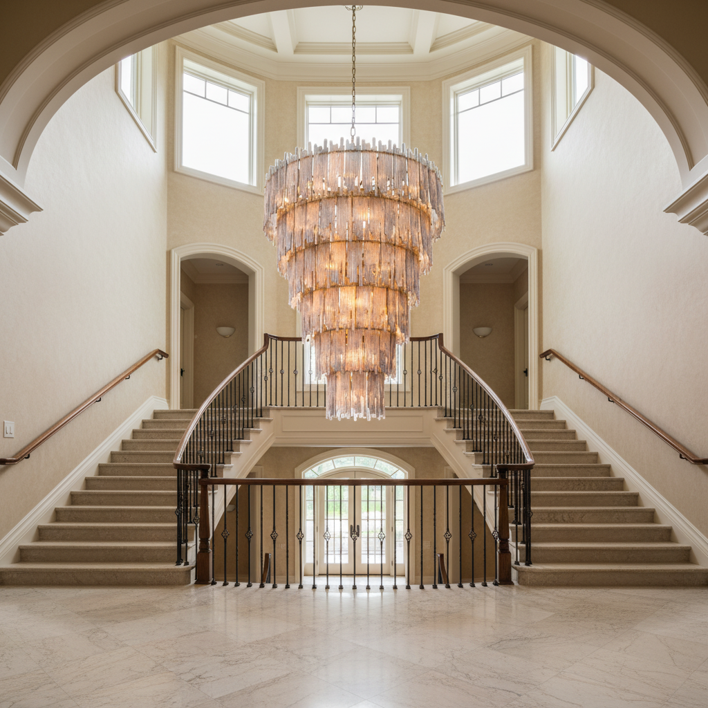 Riviko Grand Lumina 35-Light Chandelier - dramatic American stairwell with soaring ceiling