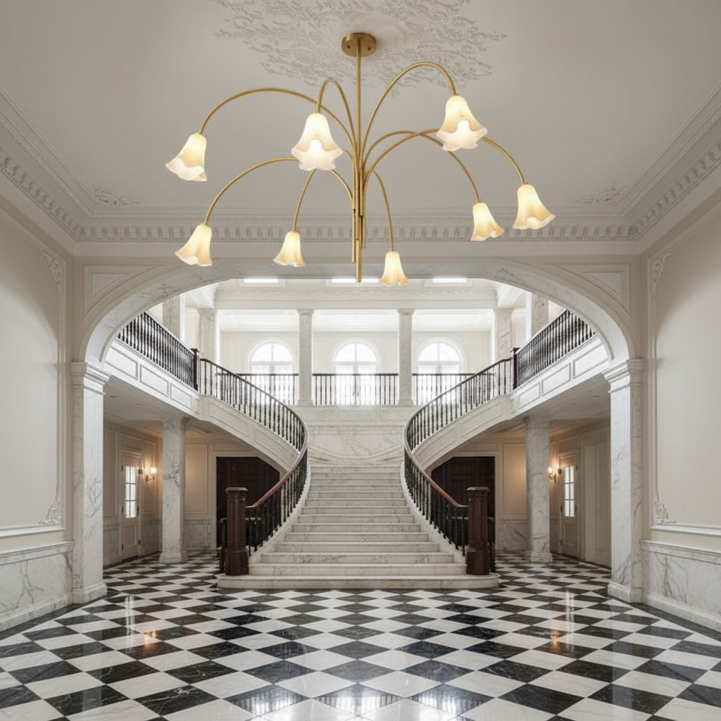 Riviko Veridian Bloom Metal & Glass Chandelier - grand American estate foyer