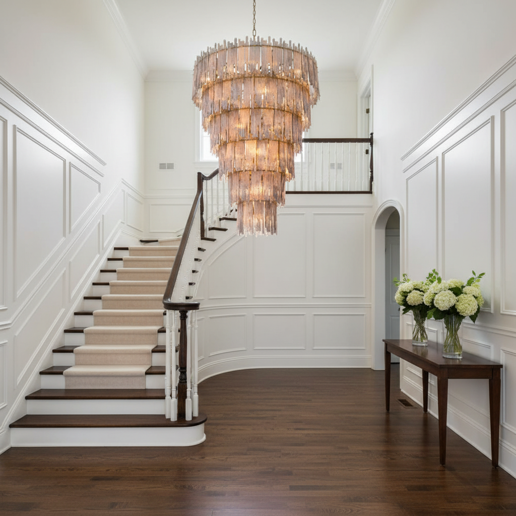 Riviko Grand Lumina 35-Light Chandelier - elegant American entryway with arched doorway