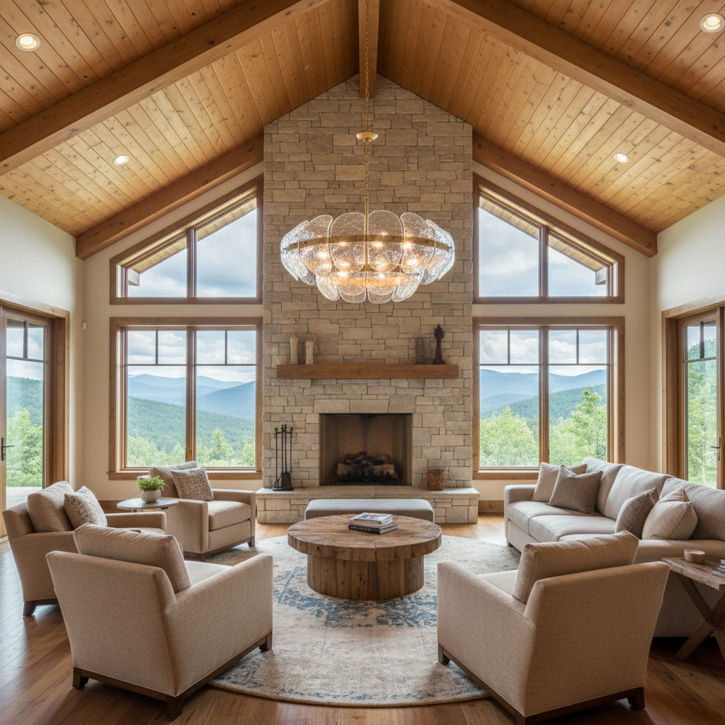 Riviko Veridian Bloom 9-Light Steel Chandelier - American transitional great room with cathedral ceiling