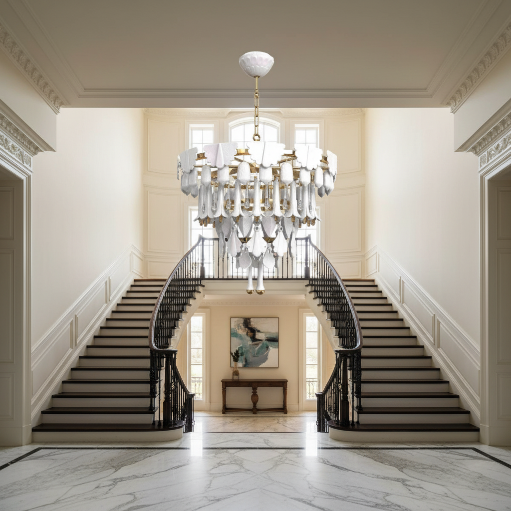 Riviko Verdant Cascade Art Deco Chandelier - dramatic American stairwell with soaring ceiling
