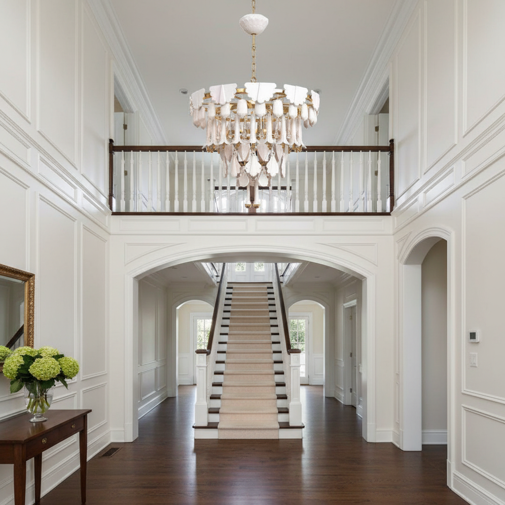 Riviko Verdant Cascade Art Deco Chandelier - elegant American entryway with arched doorway