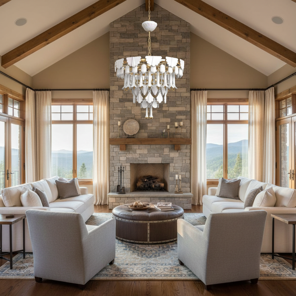 Riviko Verdant Cascade Art Deco Chandelier - American transitional great room with cathedral ceiling
