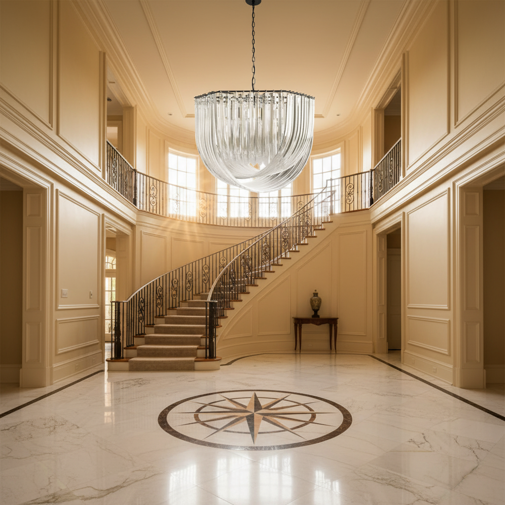 Riviko AuraSphere Modern Acrylic Chandelier - grand American foyer with two-story ceiling