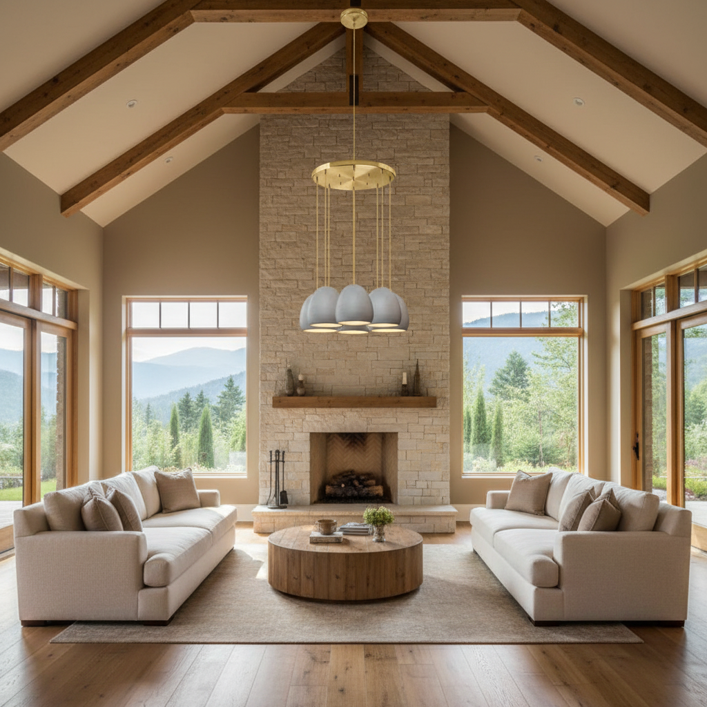 Riviko Veridian Cascade 8-Light Chandelier - American transitional great room with cathedral ceiling