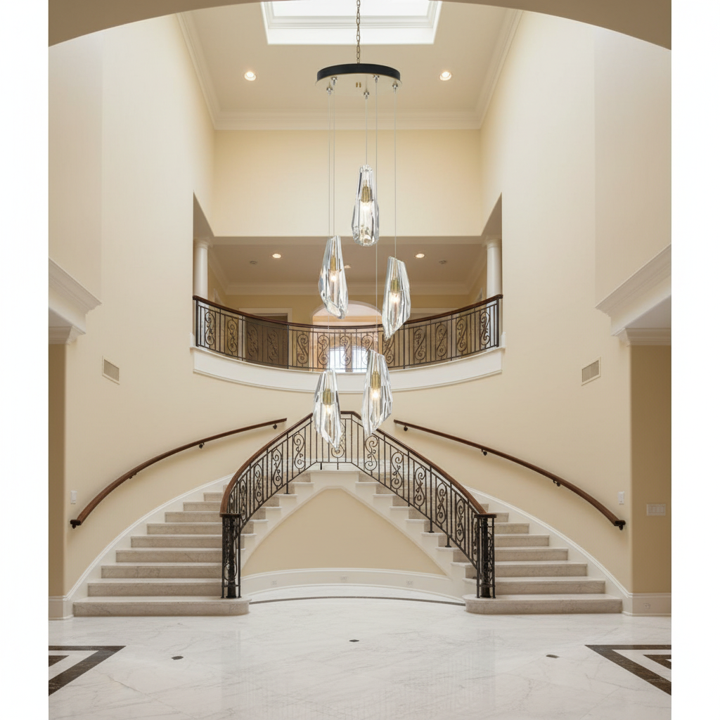 Riviko Radiant Orb Round Chandelier - dramatic American stairwell with soaring ceiling