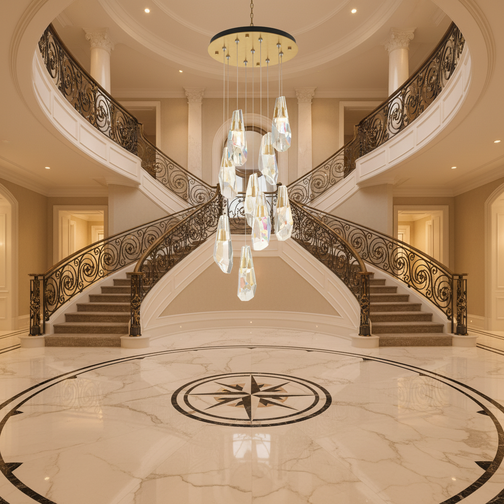 Riviko Radiant Orb Round Chandelier - grand American foyer with two-story ceiling