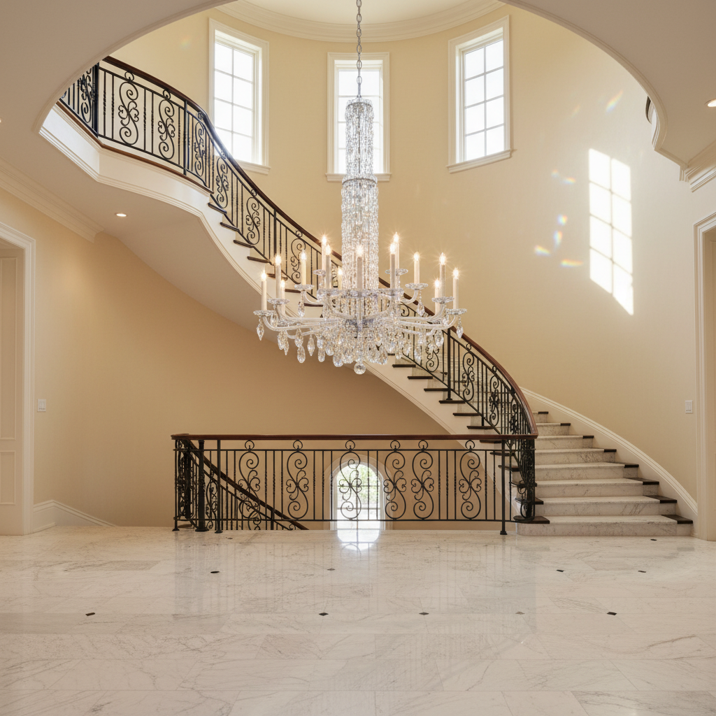 Riviko Veridian Cascade Crystal Chandelier - dramatic American stairwell with soaring ceiling