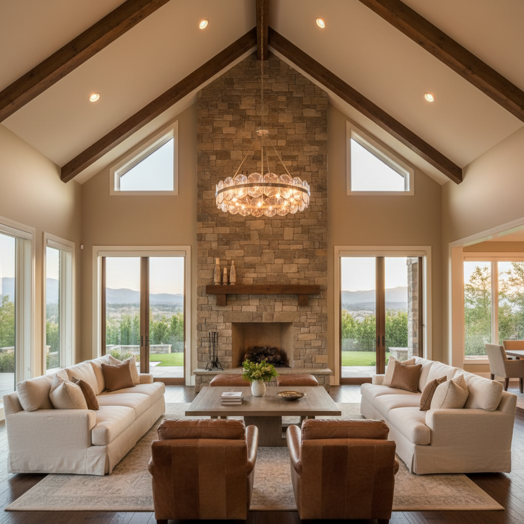 Riviko Luma Round Chandelier - American transitional great room with cathedral ceiling