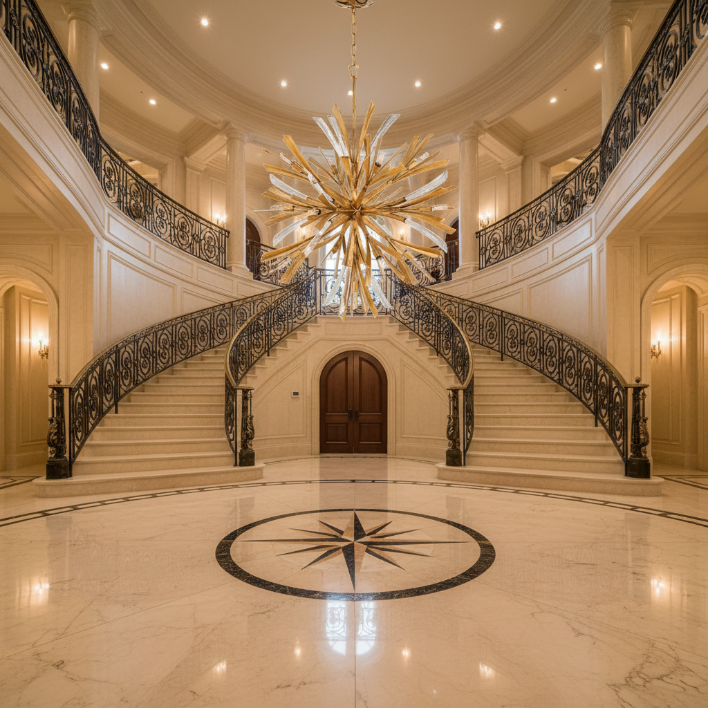 Riviko Celestial Orb 5-Light Chandelier - grand American foyer with two-story ceiling