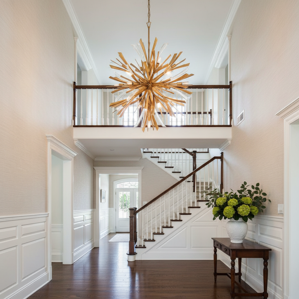 Riviko Celestial Orb 5-Light Chandelier - elegant American entryway with arched doorway