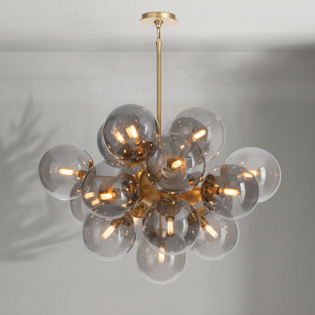 Riviko Radiant Orb Brass Smoked Glass Chandelier - Background Shot