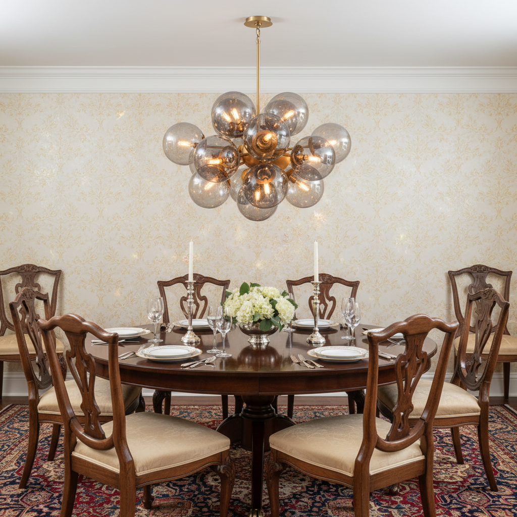 Riviko Radiant Orb Brass Smoked Glass Chandelier - formal American dining room