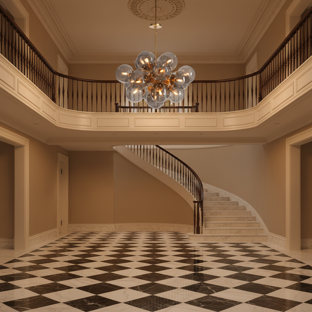Riviko Radiant Orb Brass Smoked Glass Chandelier - grand American estate foyer