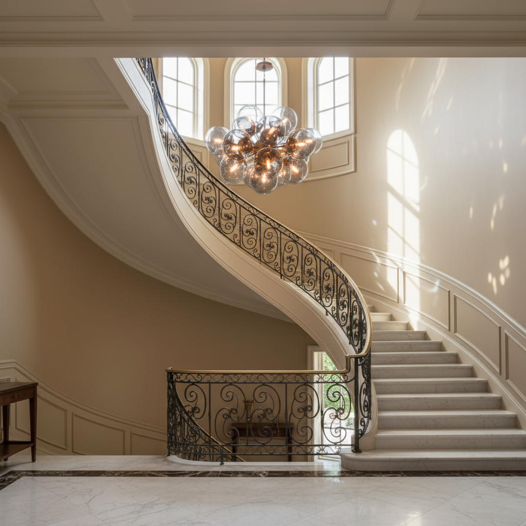 Riviko Radiant Orb Brass Smoked Glass Chandelier - dramatic American stairwell with soaring ceiling
