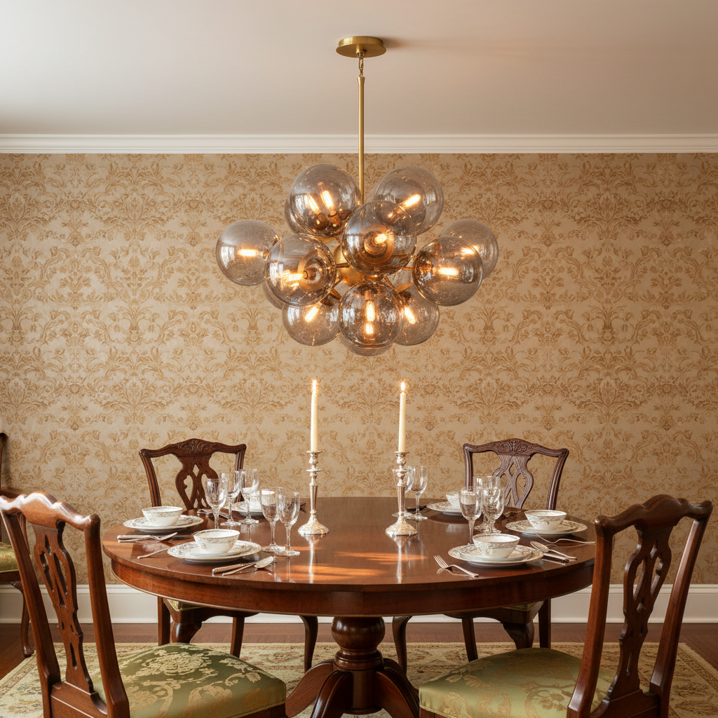 Riviko Driftelle Brass Smoked Glass Chandelier - formal American dining room