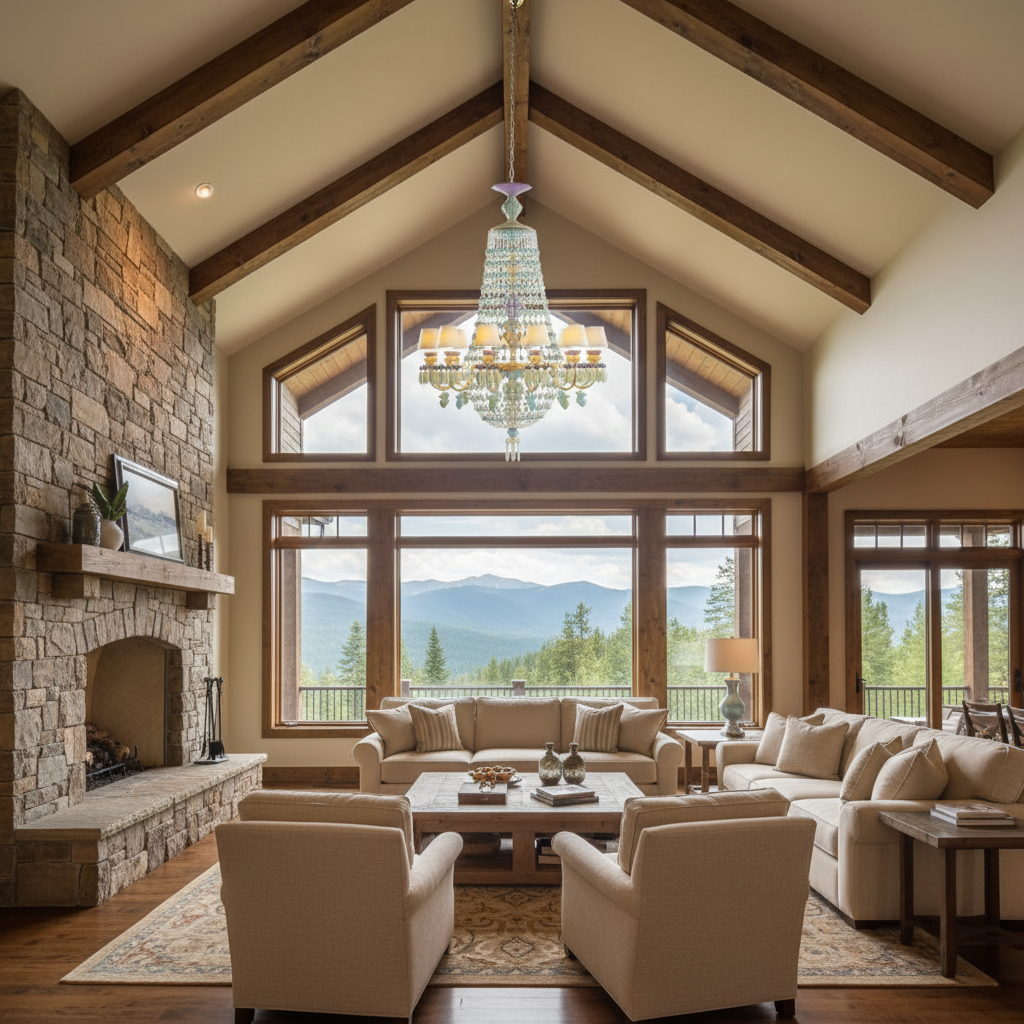 Riviko Azure Bloom 12-Light Chandelier - American transitional great room with cathedral ceiling