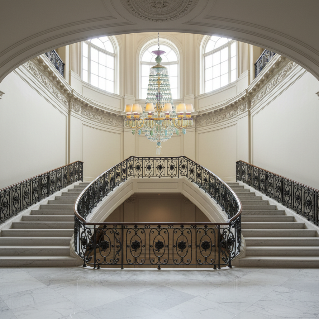 Riviko Azure Bloom 12-Light Chandelier - dramatic American stairwell with soaring ceiling