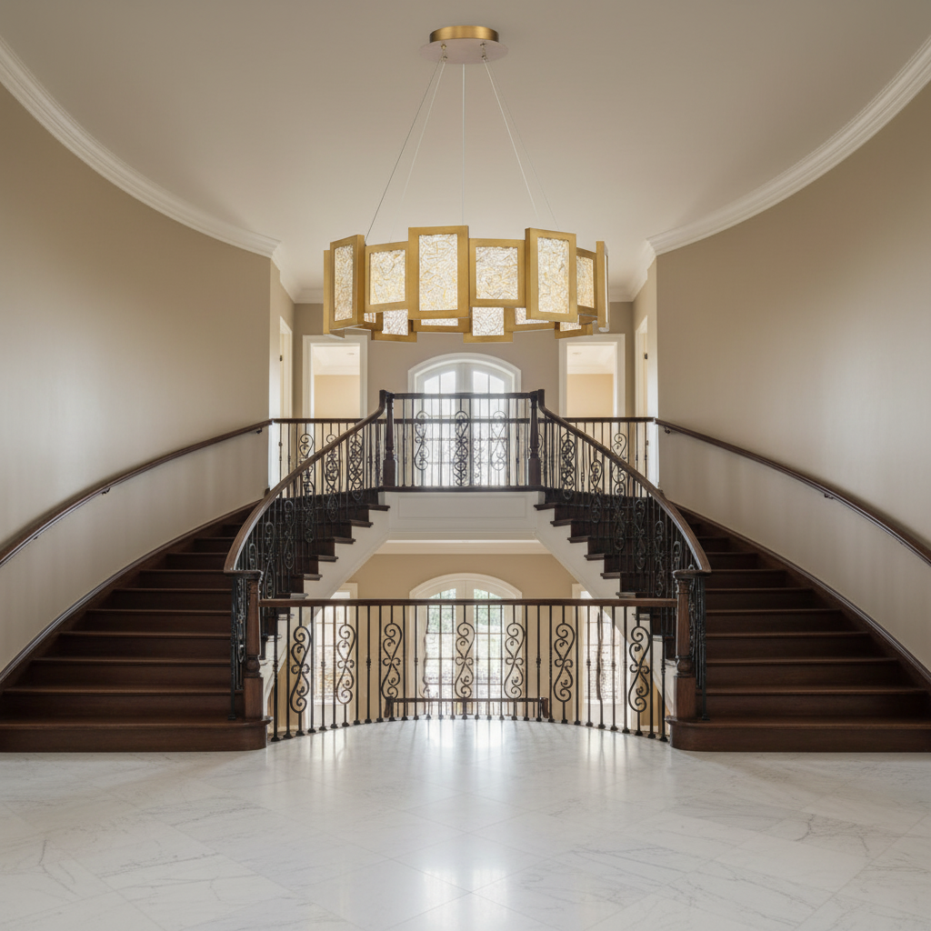 Riviko Radiant Bloom 16-Light LED Chandelier - dramatic American stairwell with soaring ceiling