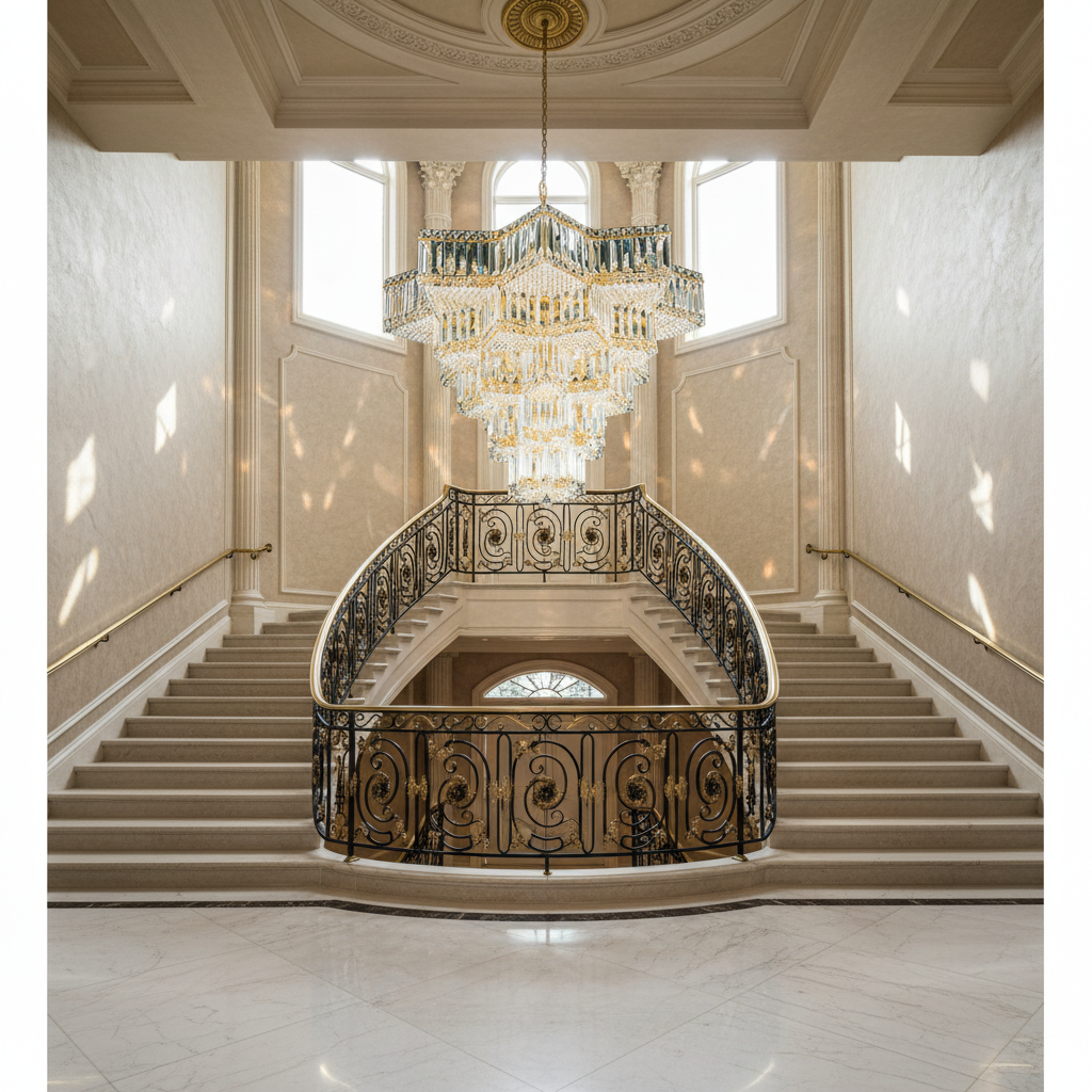 Riviko Celestial Radiance Gold Chandelier - dramatic American stairwell with soaring ceiling