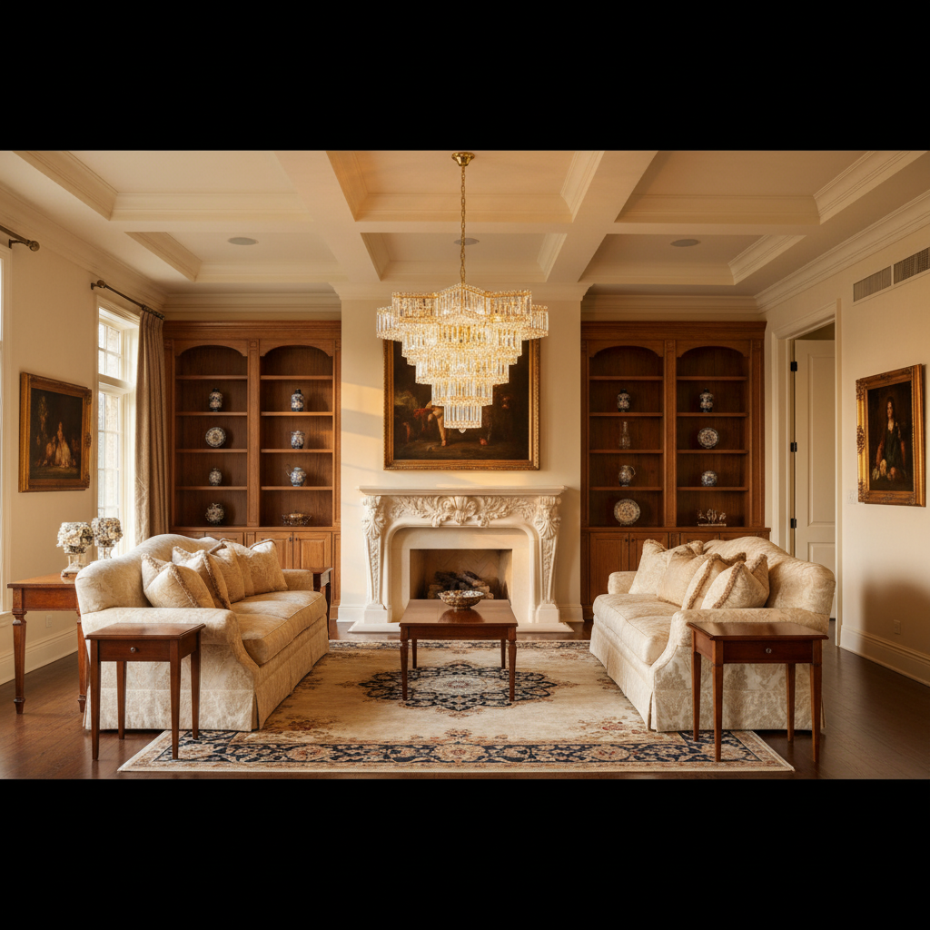Riviko Celestial Radiance Gold Chandelier - American formal living room with 12-foot ceilings